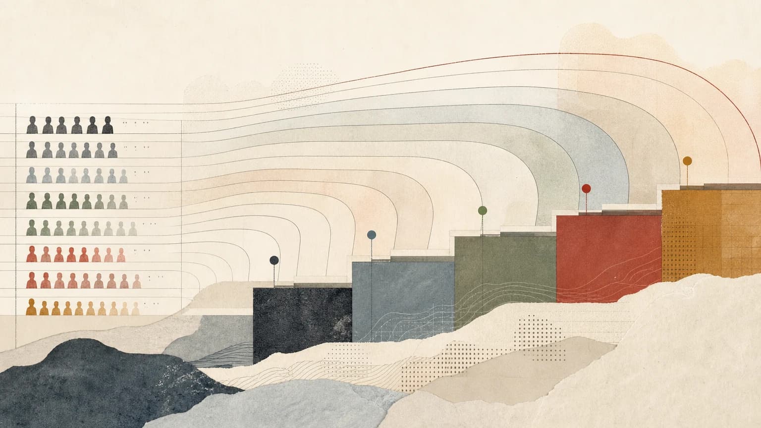 Nested contour bands rise through attained-age steps toward an open horizon.