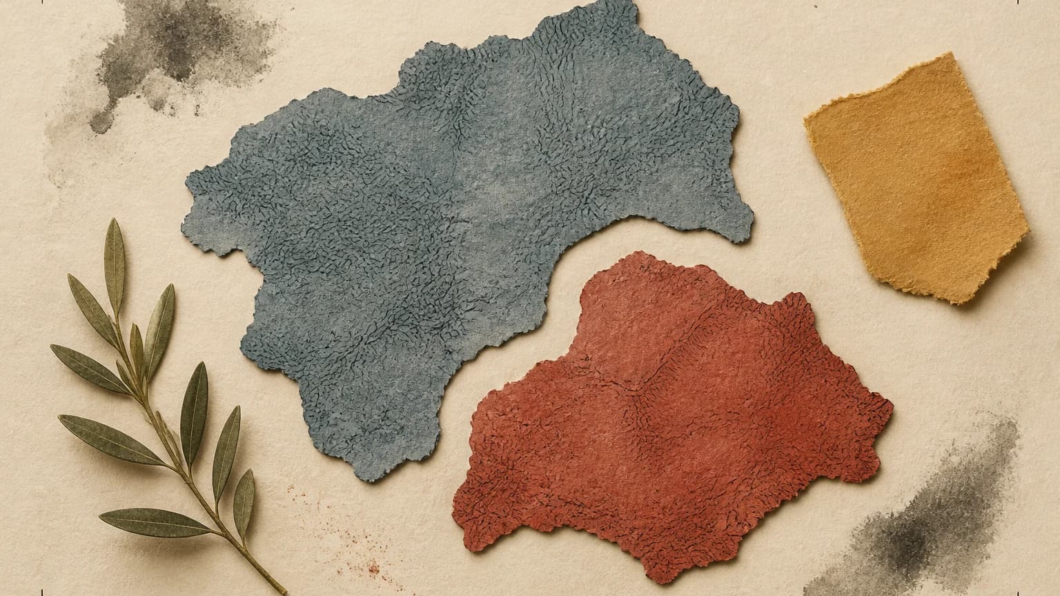 Two overlapping cut-paper territories sit on archival paper, a larger dusty-blue region and a smaller brick-red region that do not share a border.